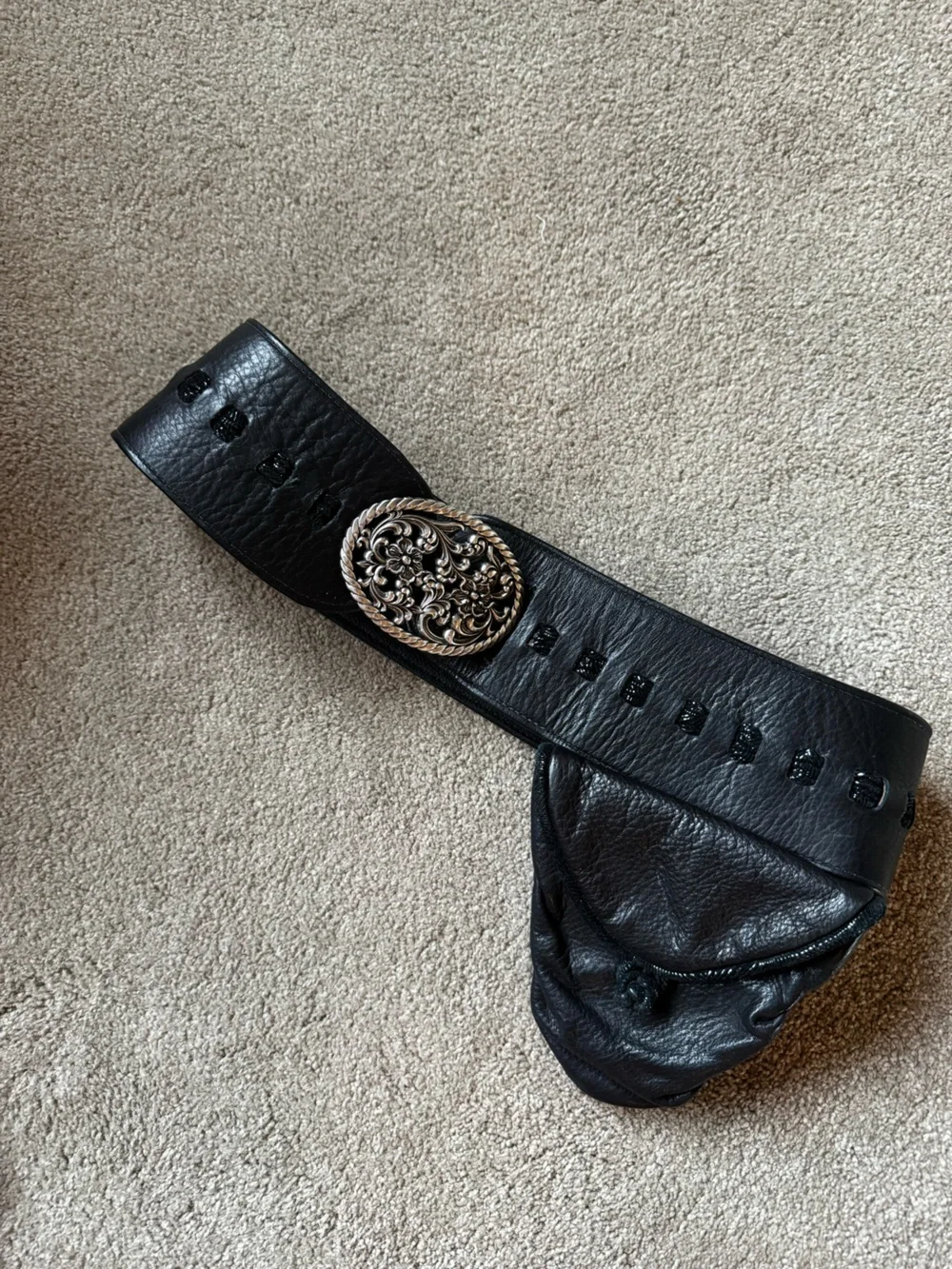 Hark Designs Women’s Black Leather Belt Bag with Decorative Buckle